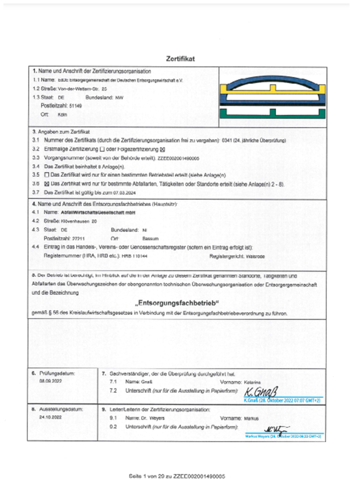 Vorschau Zertifikat Entsorgungsfachbetrieb nach EfbV 2023