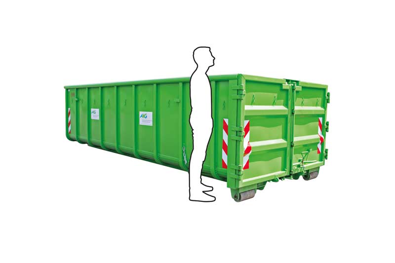 20 cbm Container im Vergleich zu einer Person von der Seite